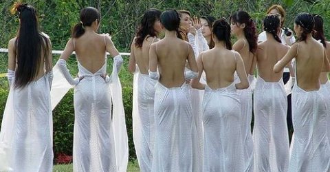 Girls with sexy bare backs, slim sexy curvy hot bodies, and perky juicy bouncy butt cheeks poses in white see-through gowns