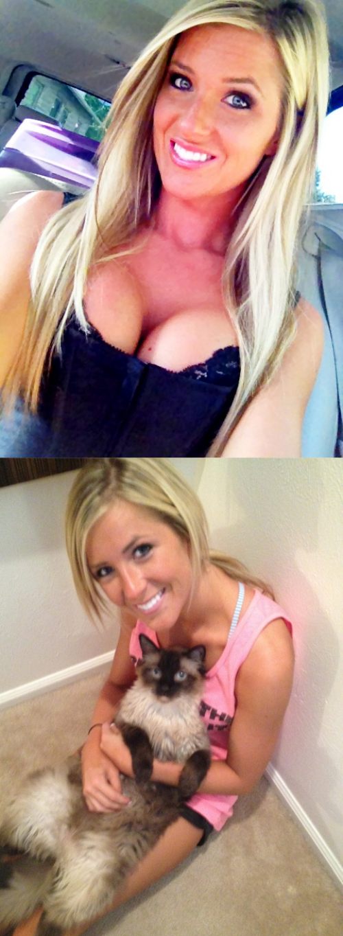 Pretty light-eyed blonde with perky round big boobs and slim sexy hot body poses in blue cleavage showing blue corset top and in pink top with dog
