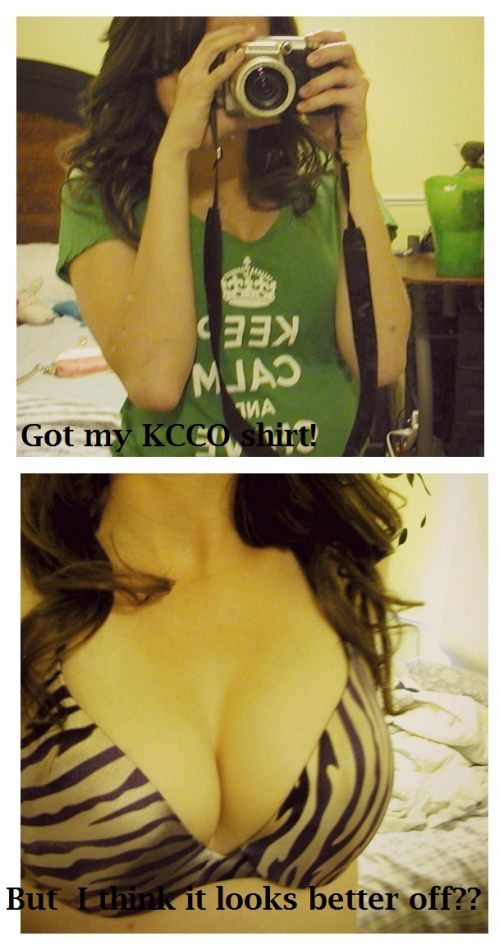 Brunette with perky juicy big boobs poses in green KCCO tee and in purple/beige bra