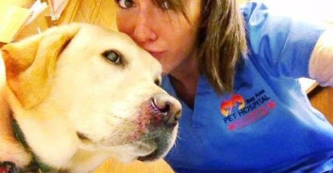 Pretty brunette kisses dog and takes selfie in blue nurse/doctor uniform