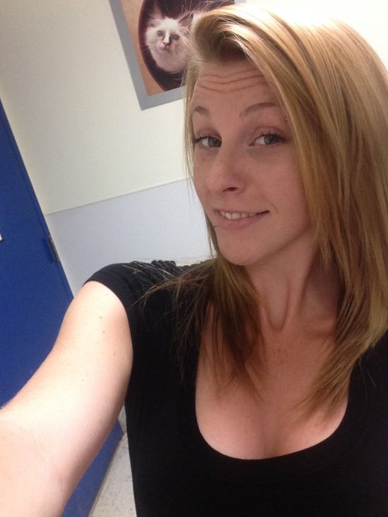 Bored at work blonde selfie cat photobomb