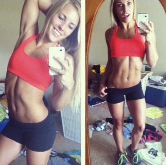 Pretty blonde with perky boobs, flat abs, slender toned legs, and slim sexy curvy hot body takes selfie in red sports bra and black yoga shorts