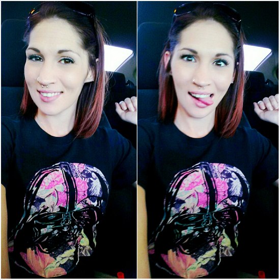 double picture of girl in colored darth vader shirt, second one she is sticking her tongue out