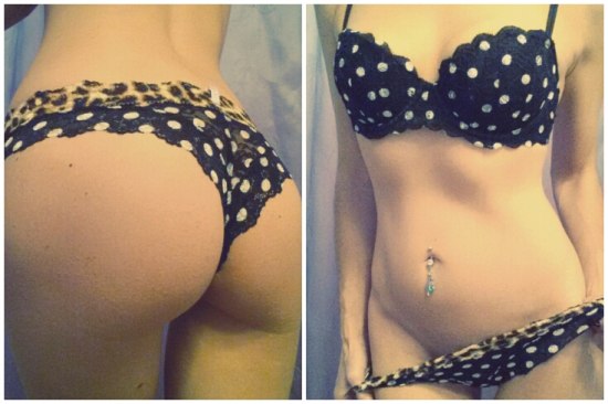 double picture, on the left butt in polka dot/leopard print underwear and the right is a full body pic with polka dot bra and belly button ring