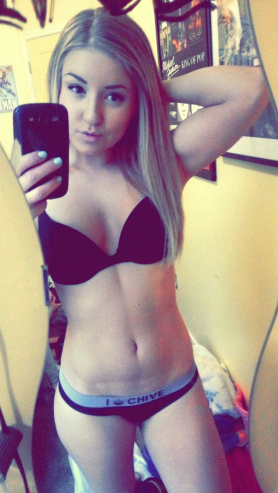 Mirror pic of girl in I heart chive underwear and black bra