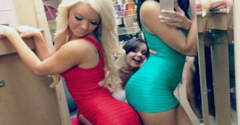 Girls in green and red dresses