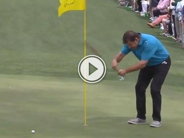 Filmed at the masters par 3 competition Nick Faldo has some fun with this putt.