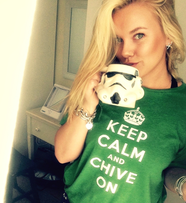 Pretty blonde sipping coffee in green "Keep calm and Chive on" tshirt
