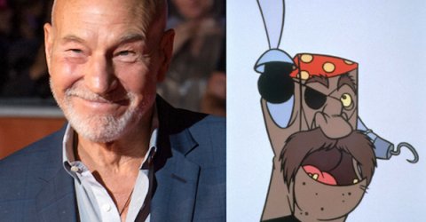 Patrick Stewart compared with a sponge character with a hook and an eye patch