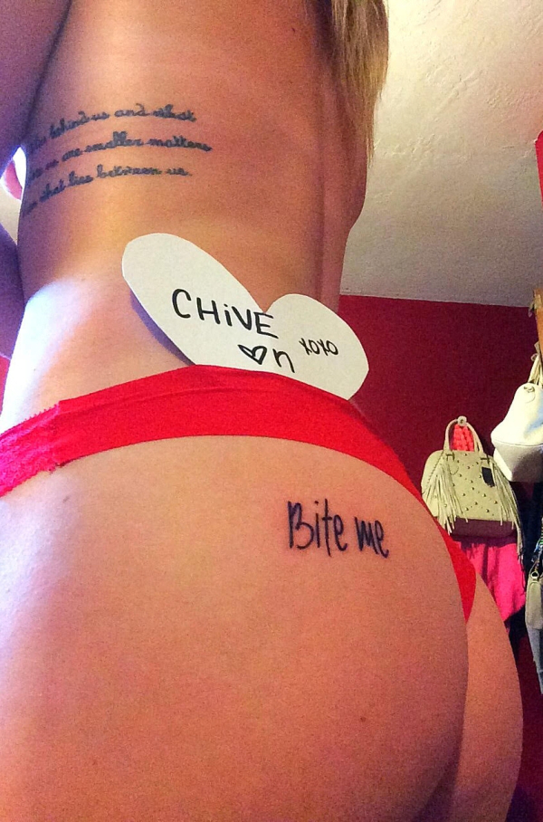 "Bite Me" tattooed on the sexy ass on heart shaped note with Chive On written on it