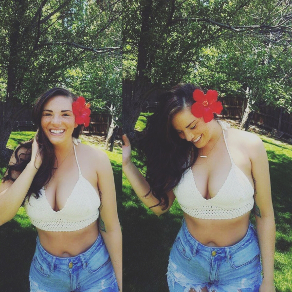 Two images of the woman with nice assets and red flowers in her hair