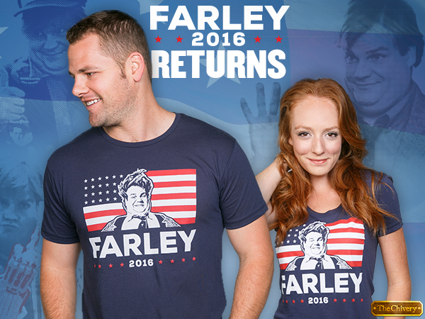 A dude and dudette in Chris Farley blue tees.