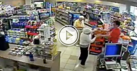 Guy slow dances with an elderly lady in a gas station (Video)