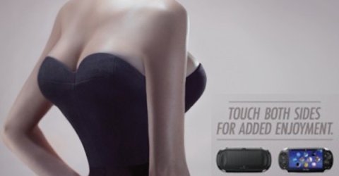 Funny ad of the handheld PS VITA showing a girl with boobs on her back as well, with the caption 'touch both sides for added enjoyment'.
