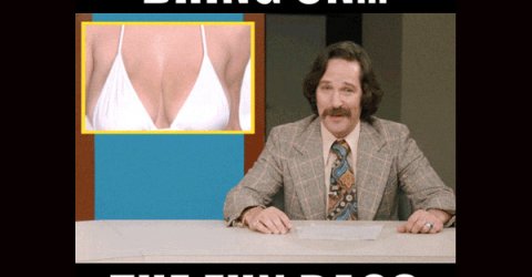 Reporter in a studio with picture of boobs in a white bra in the inset of the screen