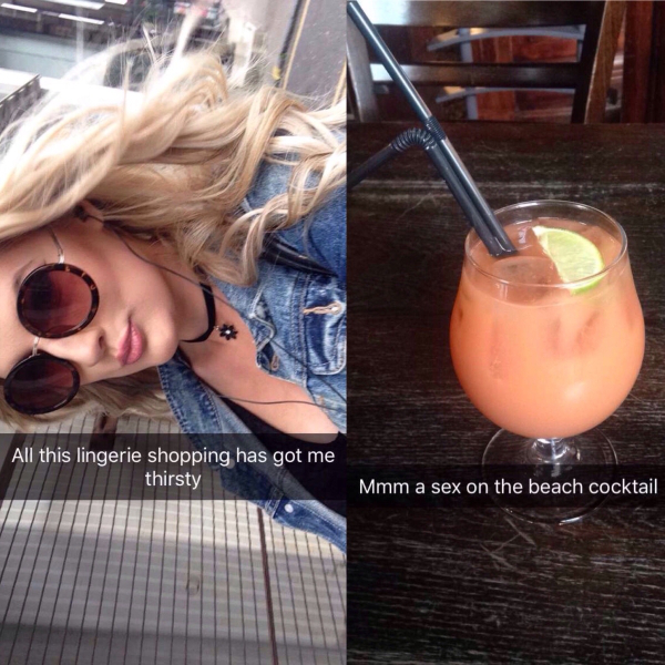 Hot image of a girl in grogs and denim with that of cocktail with snap chat label