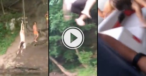 Rope swing on to boat goes terribly wrong (Video)
