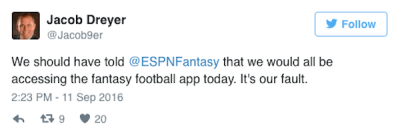 Users freak out as ESPN's fantasy football app, website go down for hours  on first day of NFL games – GeekWire