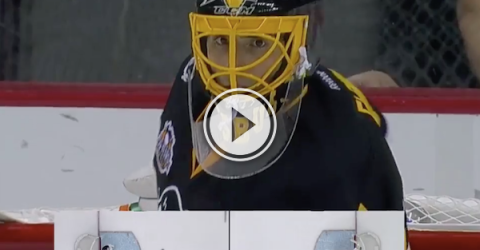 Goalie forgets his water bottle; opponent gratefully curls it to him! (Video)