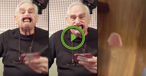 Grandpa loses his teeth during game of Speak Out