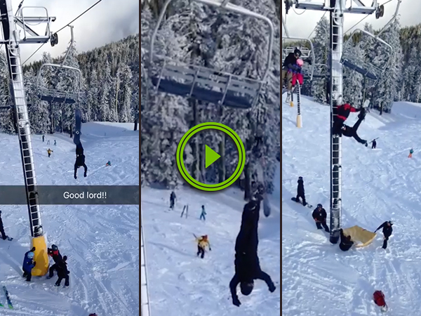 One Unlucky Guy Gets Stuck Upside Down On The Ski Lift