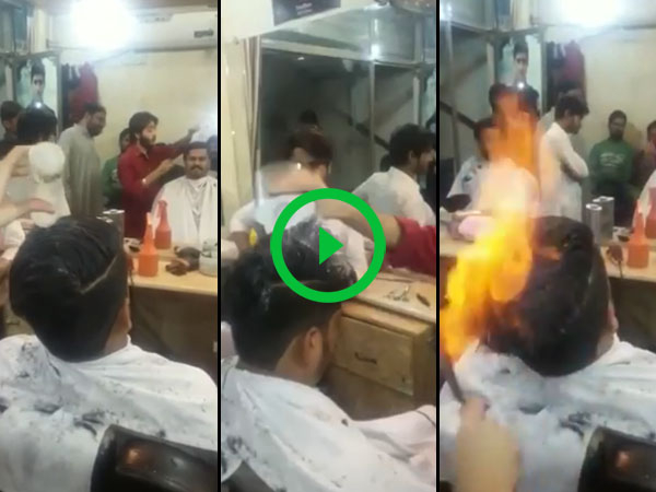Guy in India use fire to cut hair (Video)
