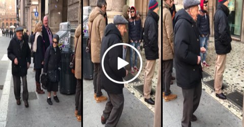 Elderly man dances in the streets of Italy