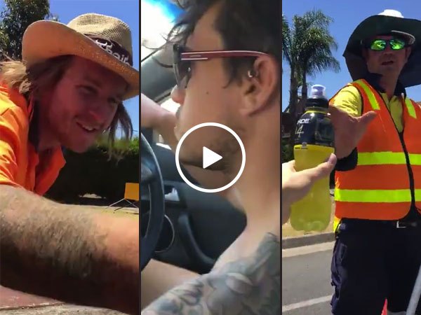 Aussie dudes hand out cold drinks to road workers in tripe digit heat