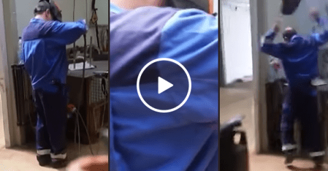 Man soldering pranked with firework (Video)