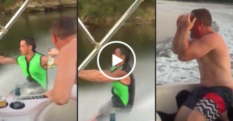 Showoff chugs a beer while barefoot skiing, karma intervenes (Video)