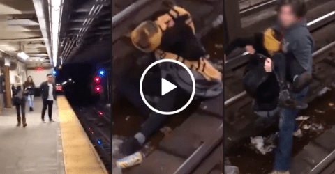Man saves guy after falling onto subway tracks (Video)