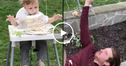 Uncle makes diving finger tip catch on birthday cake (Video)