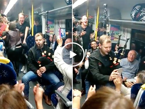 Bagpiper starts party on train