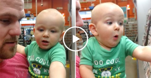Baby gets excited while paint shopping