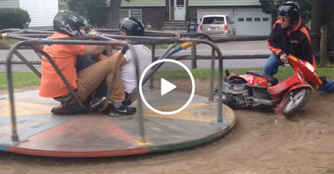 Three idiots spin on merry go round using scooter FAIL (Video)