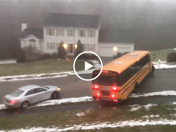 School Bus Can't Stop Sliding During Winter Storm