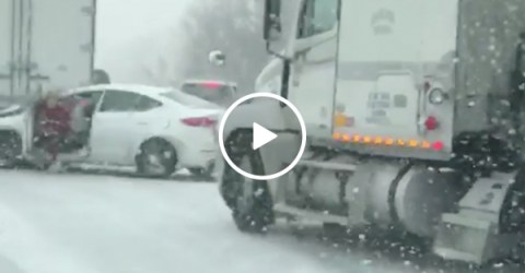 Missouri woman narrowly escapes as semi-truck hits crashes into car (Video)