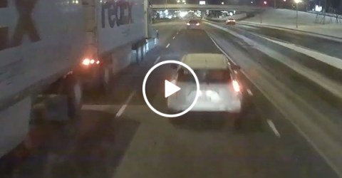 Careless Prius driver rammed by two semi-trucks (Video)