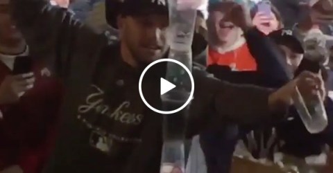Guy Got Too Drunk At Yankees Game And Gets Cups Stacked On Him