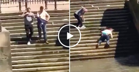 Guy Slips On Stairs And Falls All the Way Into The Water