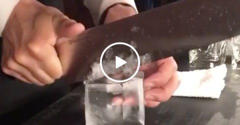 Bartender Sculpts a Diamond Out Of An Ice Cube For A Mixed Drink