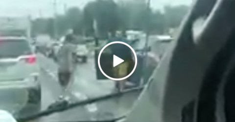 Guy Attacks A Driver on The Road But Gets Beat Up
