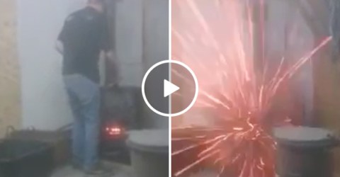 Aerosol can in an indoor wood stove explosion (Video)