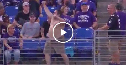 Baltimore Ravens Fan Takes Off Shirt During NFL Preseason Game