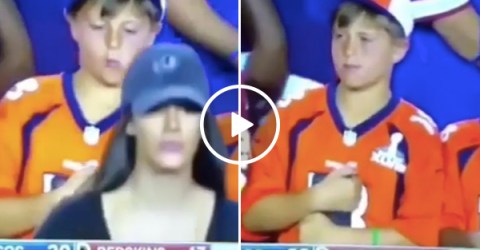 Hot Girl Walks By Kid at Broncos Game and Camera Catch Him Looking