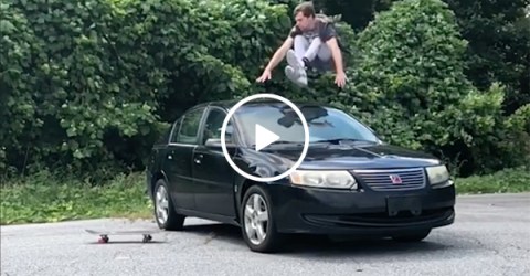 Guy Does Parkour And Jumps Over Car and Onto Skateboard
