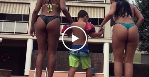 Young Boy Slaps the Butt of A Hot Girl With a Big Butt Jumping in Pool