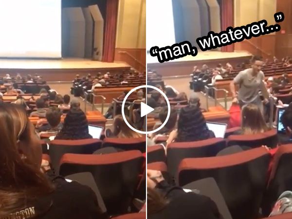 Kid forgets his volume is on, blares porn in a crowded lecture hall (Video)