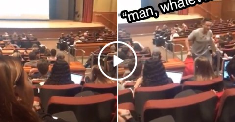 Kid forgets his volume is on, blares porn in a crowded lecture hall (Video)