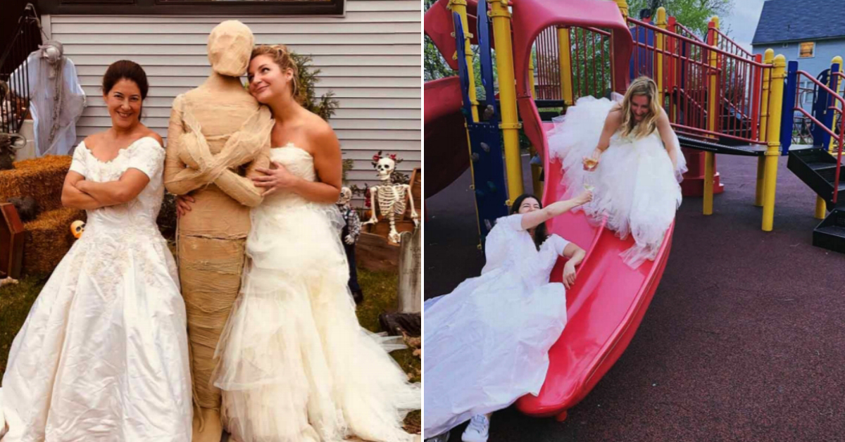Two women wear their wedding dresses out for best reason following ...